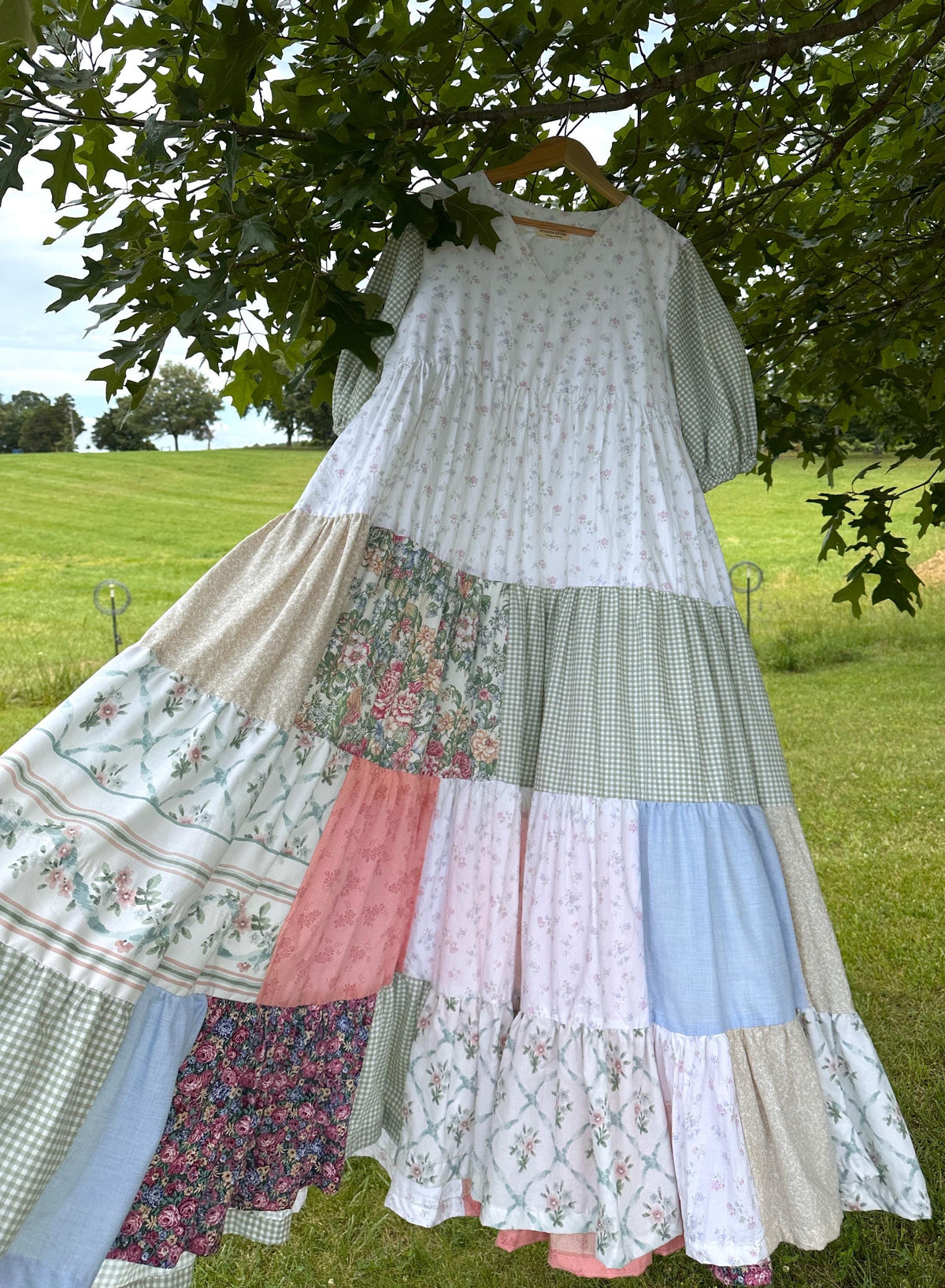 Tiered Patchwork Maxi Dress, Medium-Large Maternity Friendly, Upcycled Handmade One-of-a-Kind