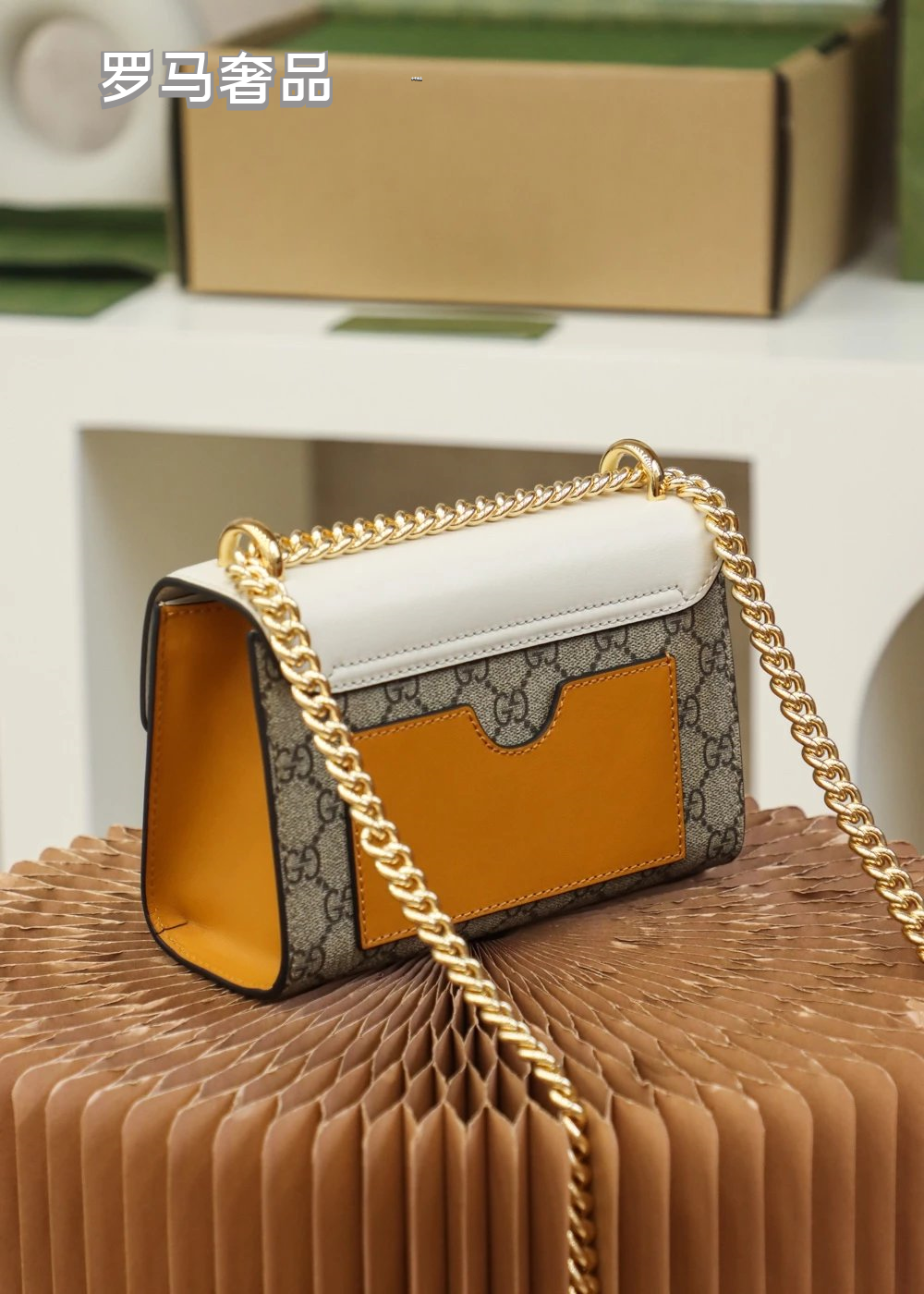 Gucci Vintage Monogram Canvas Crossbody Bag with Leather Flap and Gold Chain
