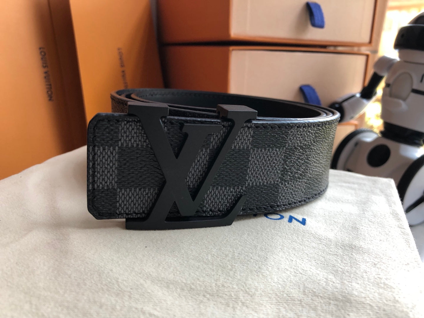 Louis Vuitton LV Initiales 40mm Reversible Belt, Damier Graphite Canvas &amp; Black Leather, Matte Black Buckle