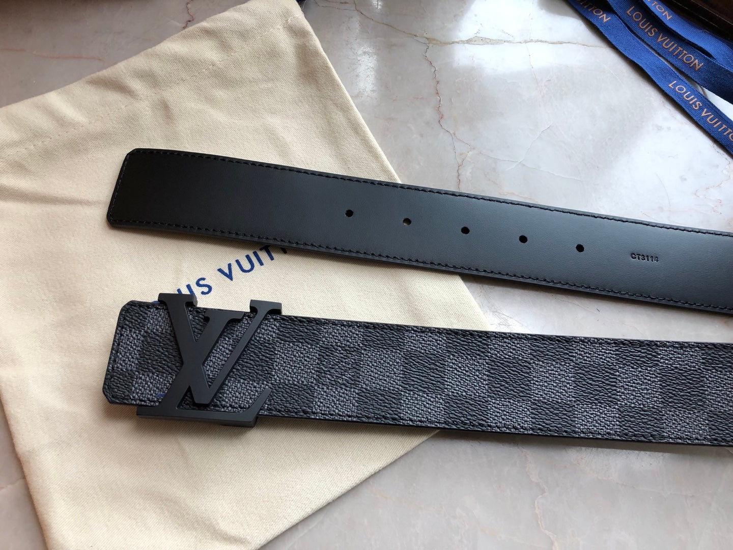 Louis Vuitton LV Initiales 40mm Reversible Belt, Damier Graphite Canvas &amp; Black Leather, Matte Black Buckle