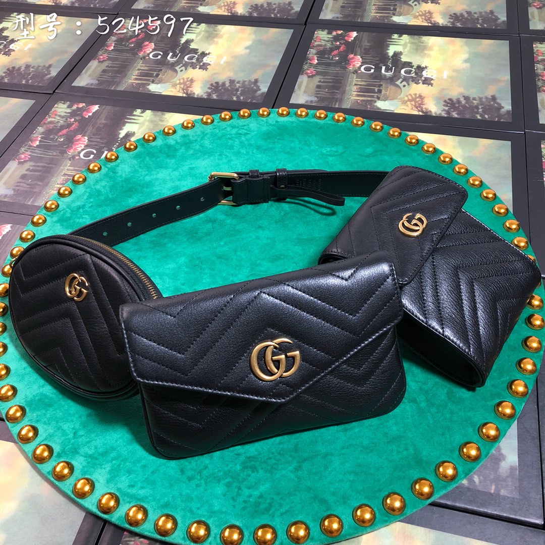 Gucci GG Marmont Matelassé Multi-Pouch Belt Bag in Black Leather