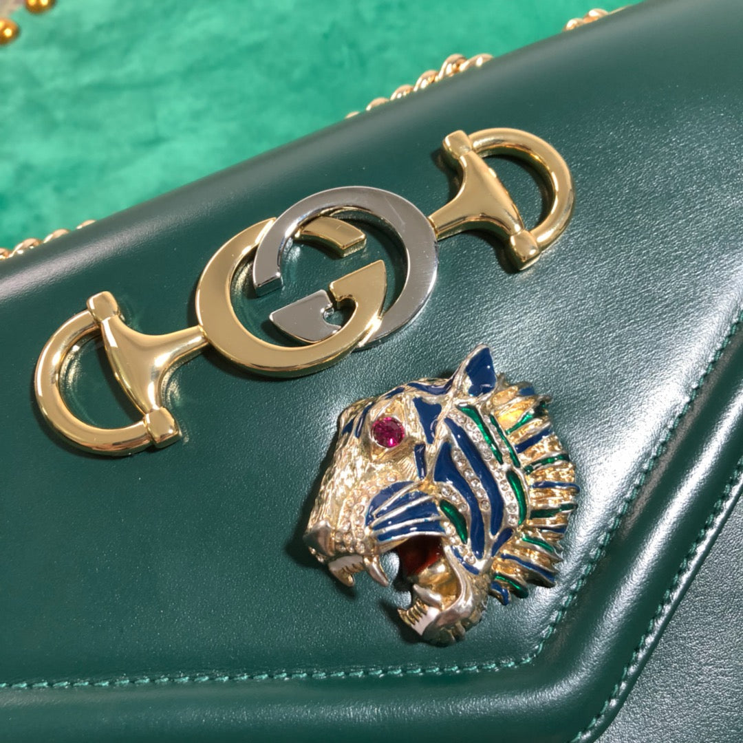 Gucci Rajah Small Shoulder Bag Dark Green Leather with Tiger Head