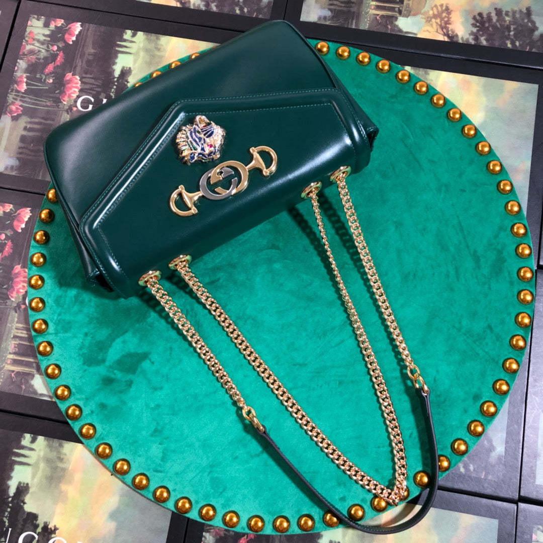 Gucci Rajah Small Shoulder Bag Dark Green Leather with Tiger Head