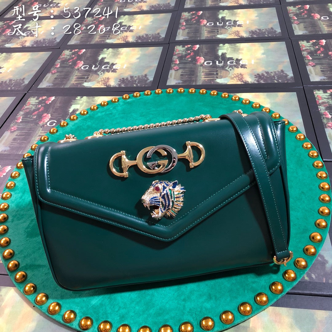 Gucci Rajah Small Shoulder Bag Dark Green Leather with Tiger Head