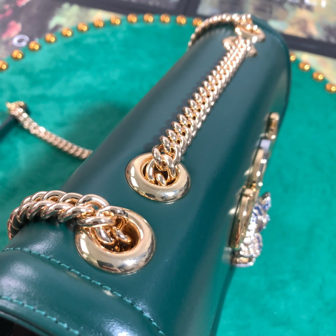 Gucci Rajah Small Shoulder Bag Dark Green Leather with Tiger Head