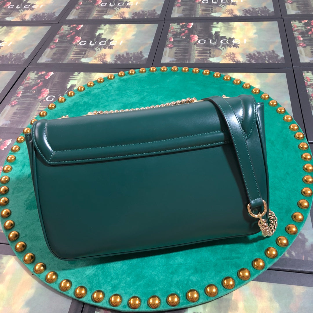 Gucci Rajah Small Shoulder Bag Dark Green Leather with Tiger Head