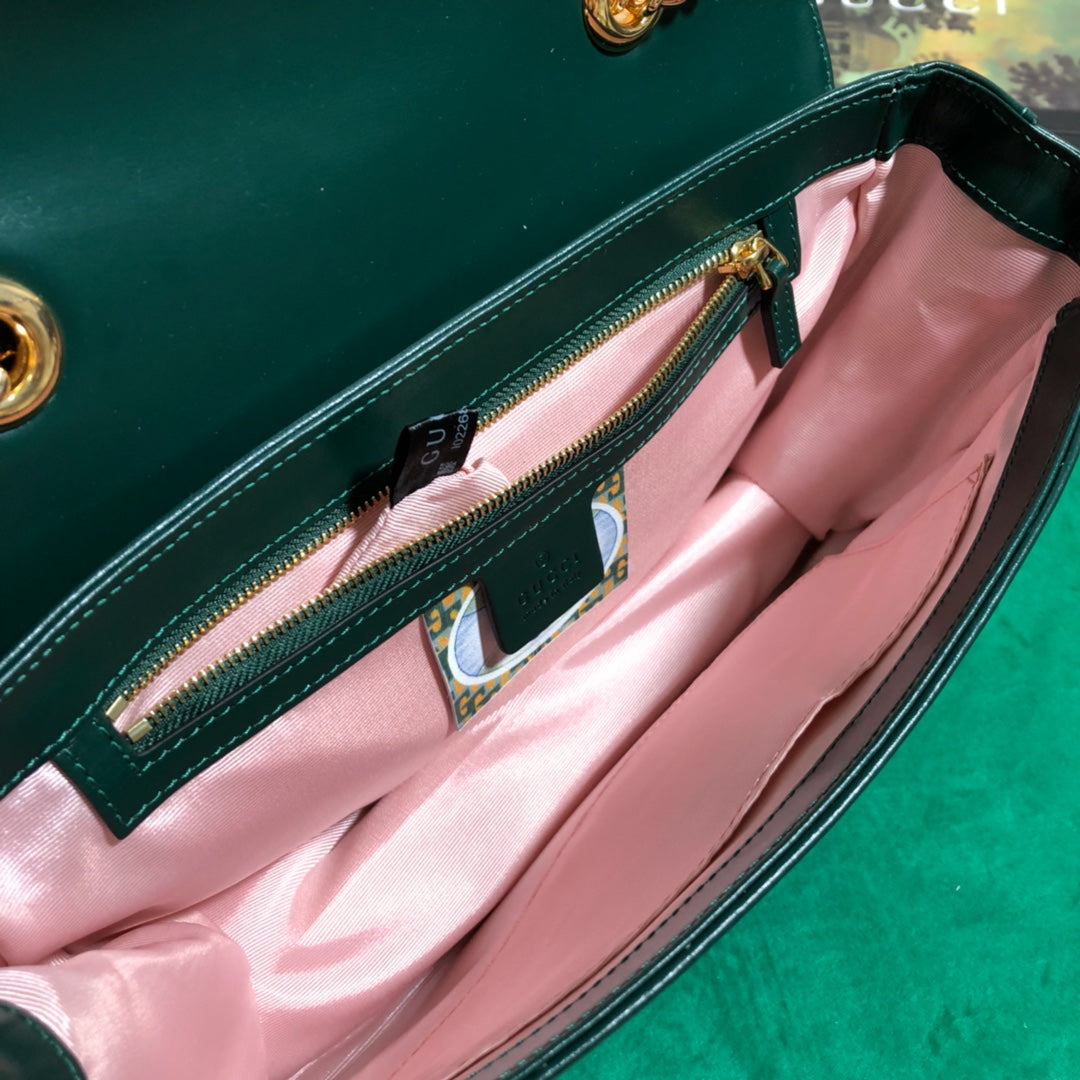 Gucci Rajah Small Shoulder Bag Dark Green Leather with Tiger Head