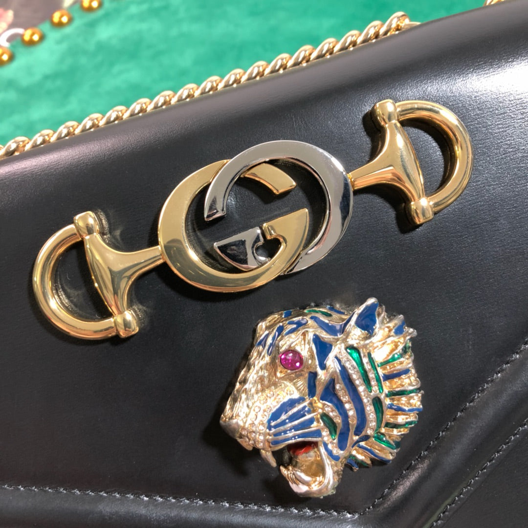 Gucci Black Leather Envelope Shoulder Bag with Tiger Head and Gold Hardware