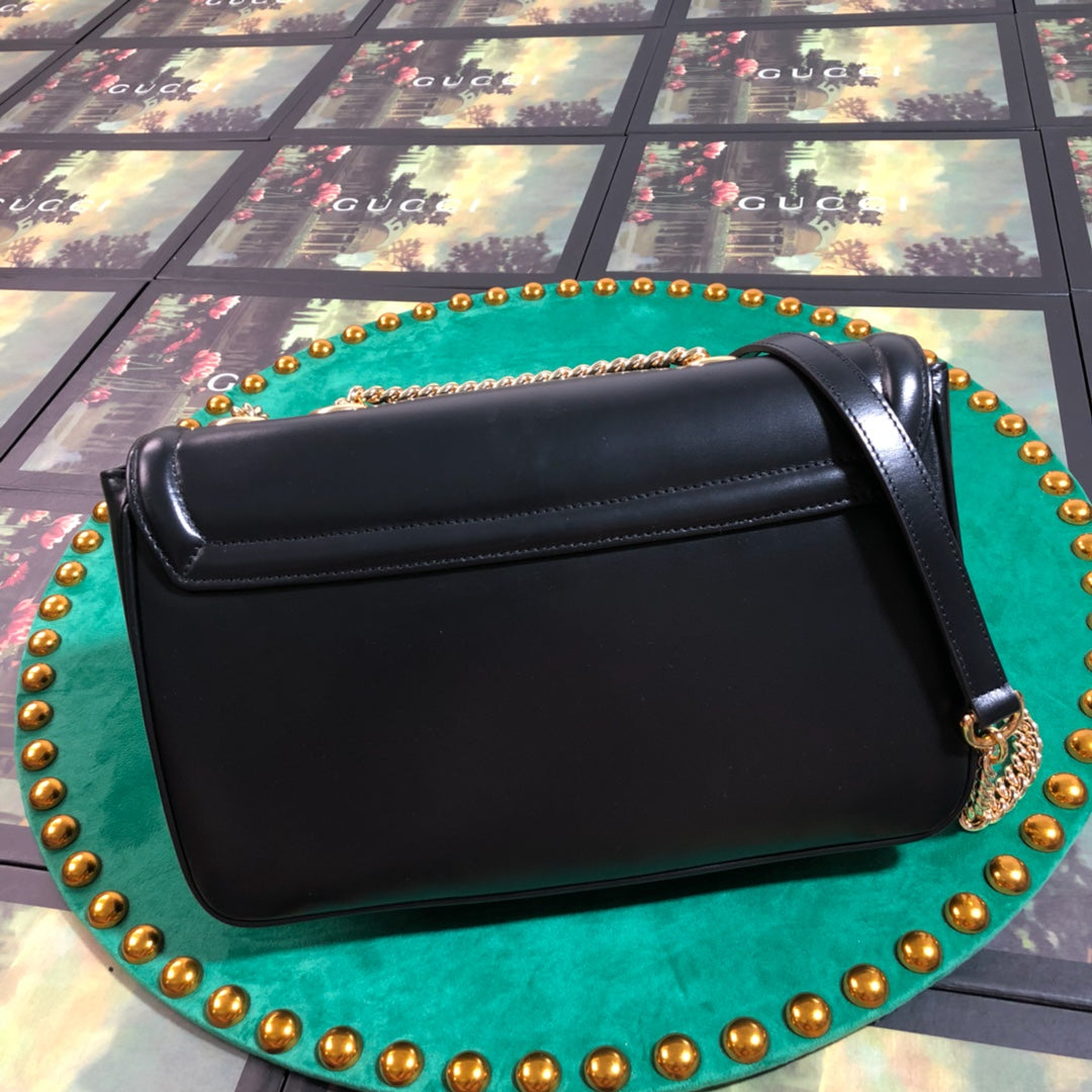 Gucci Rajah Medium Shoulder Bag - Black Leather with Tiger Head &amp; Horsebit