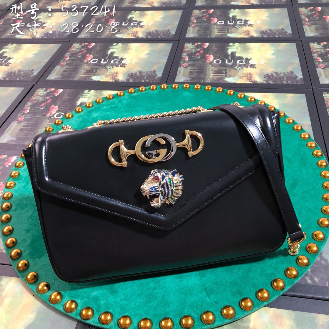 Gucci Rajah Medium Shoulder Bag - Black Leather with Tiger Head &amp; Horsebit