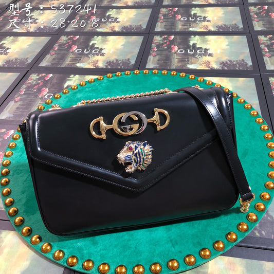 Gucci Rajah Medium Shoulder Bag - Black Leather with Tiger Head &amp; Horsebit