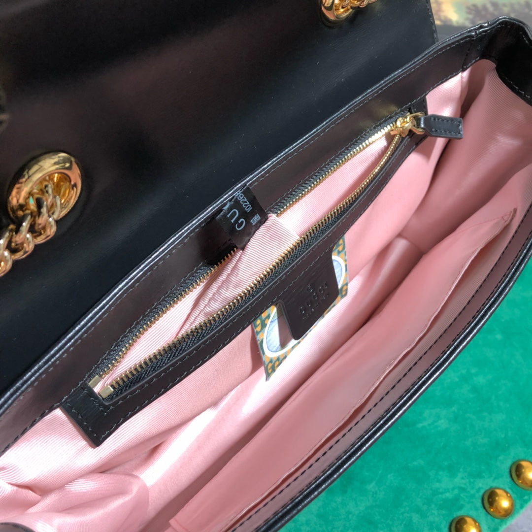 Gucci Rajah Medium Shoulder Bag - Black Leather with Tiger Head &amp; Horsebit