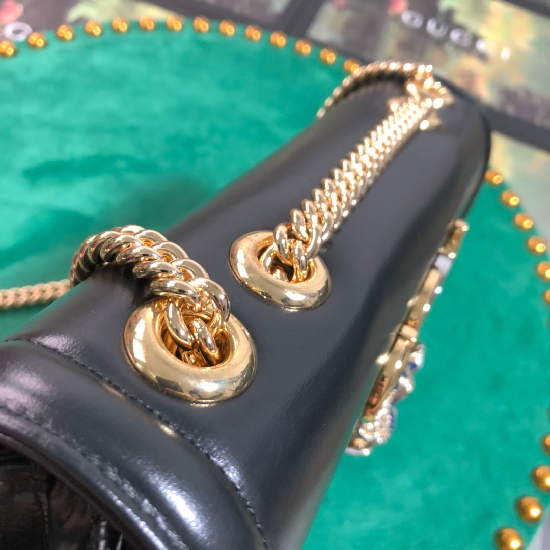 Gucci Rajah Medium Shoulder Bag - Black Leather with Tiger Head &amp; Horsebit
