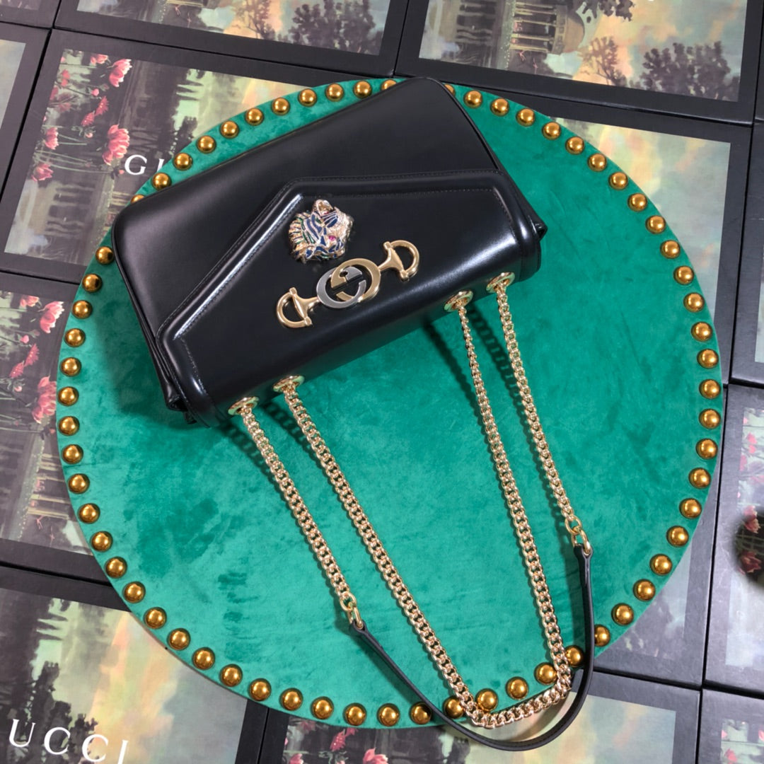 Gucci Rajah Medium Shoulder Bag - Black Leather with Tiger Head &amp; Horsebit