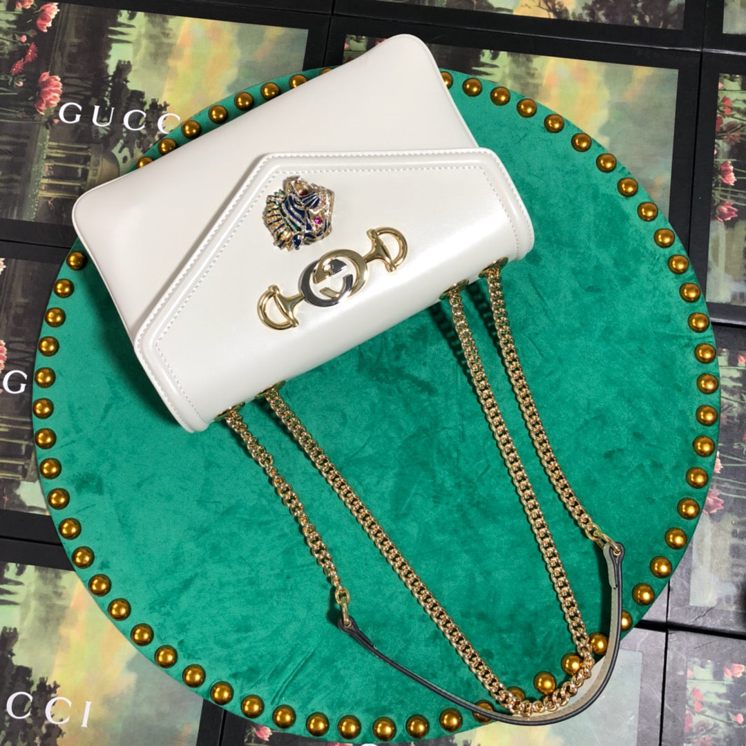 Gucci Rajah Small White Leather Shoulder Bag with Horsebit and Tiger Head
