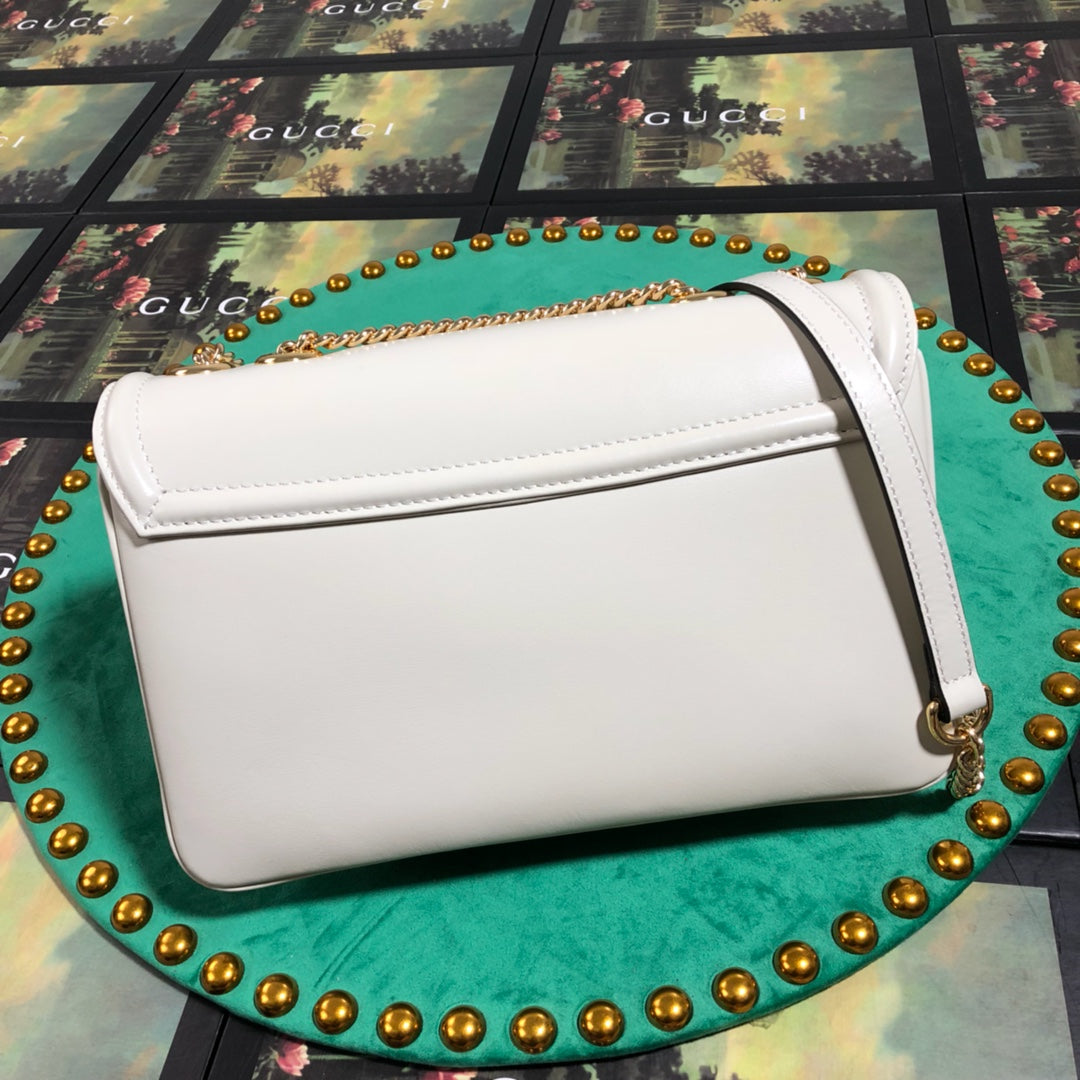 Gucci Rajah Small White Leather Shoulder Bag with Horsebit and Tiger Head