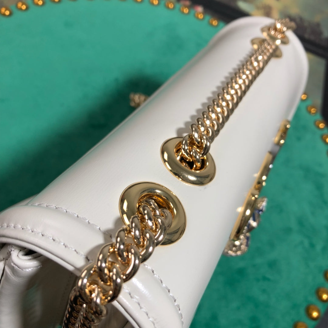 Gucci Rajah Small White Leather Shoulder Bag with Horsebit and Tiger Head