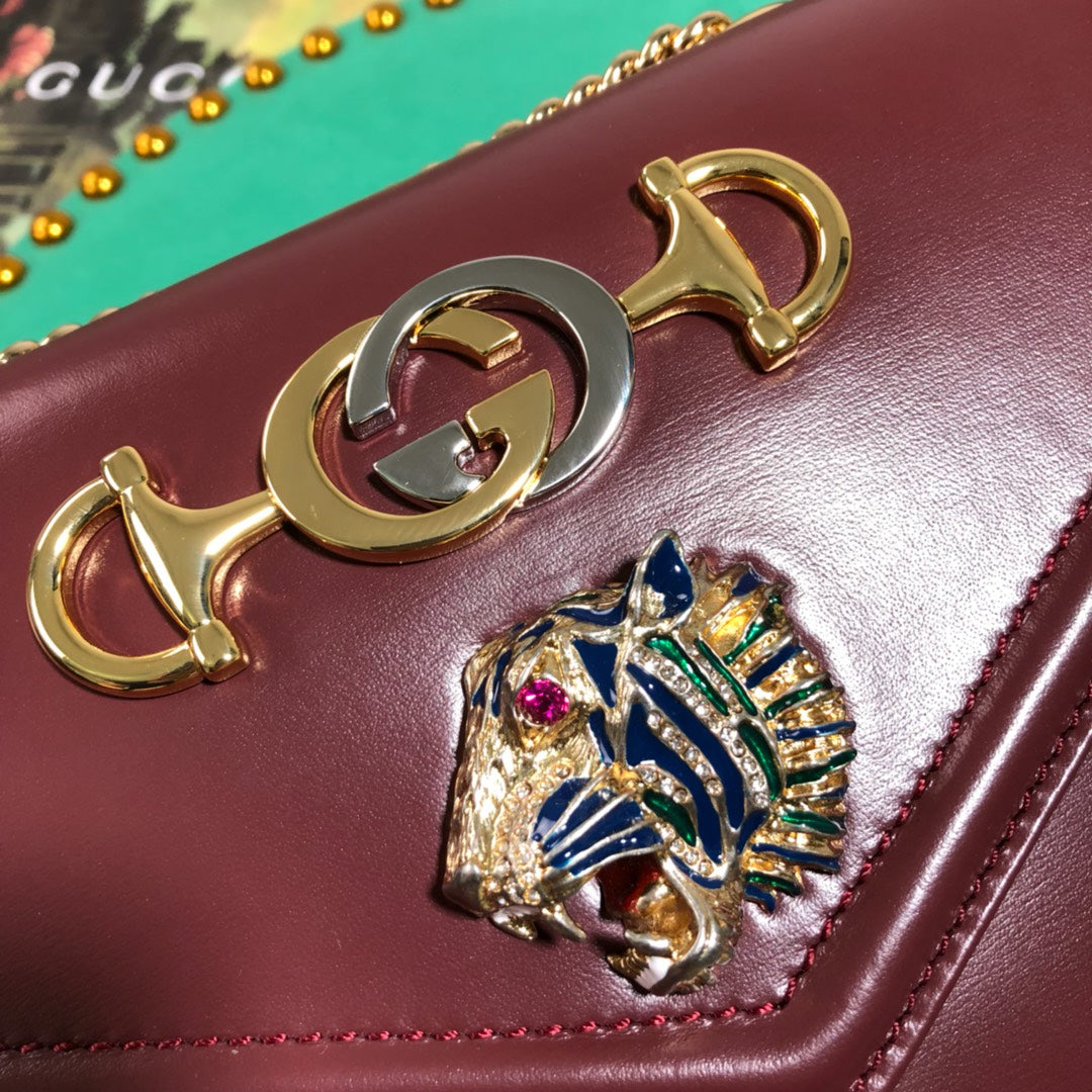 Gucci Rajah Medium Burgundy Leather Shoulder Bag with Tiger Head