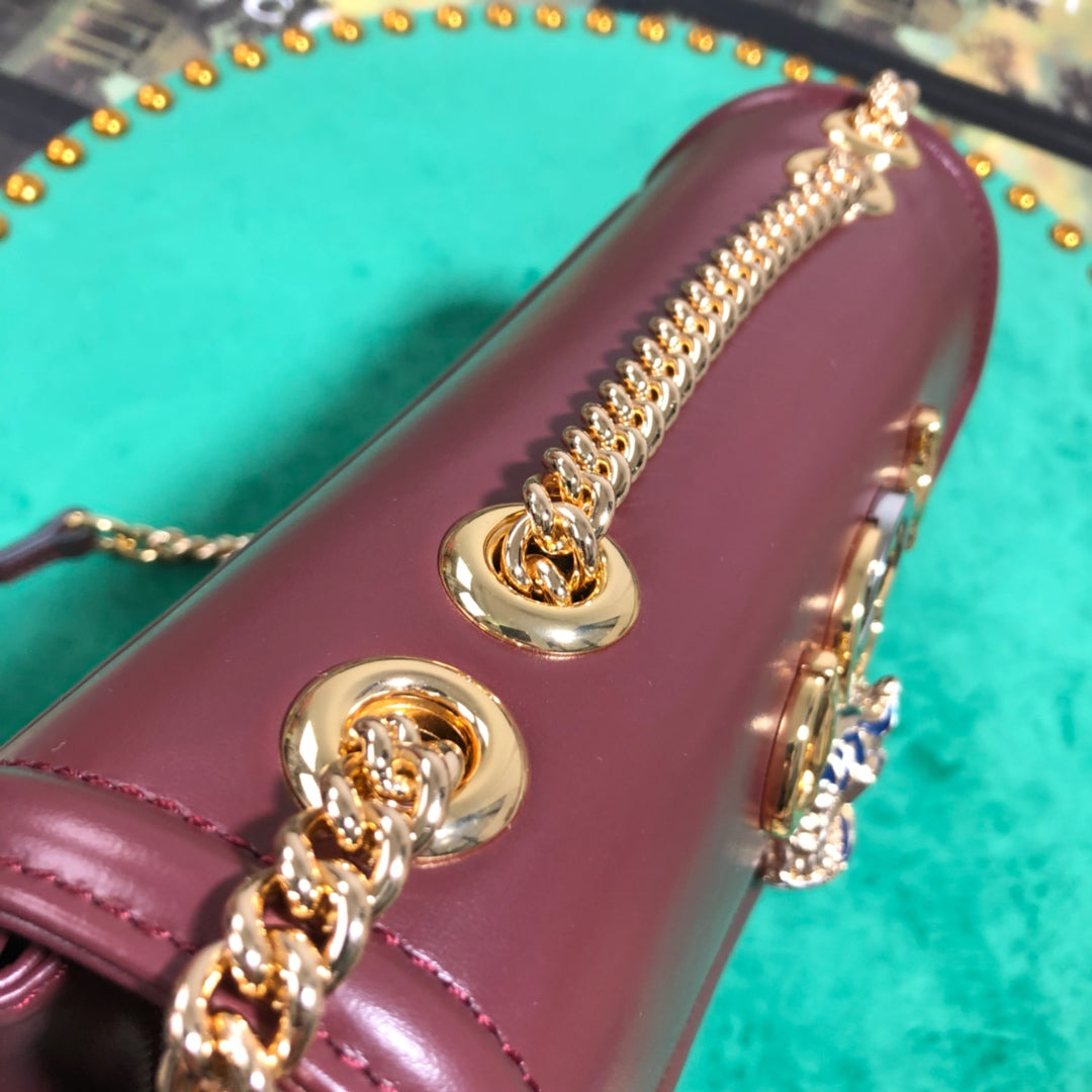 Gucci Burgundy Envelope Leather Shoulder Bag with Tiger Head Emblem