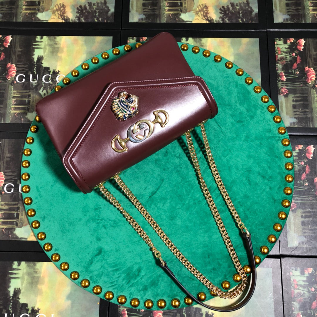 Gucci Rajah Medium Burgundy Leather Shoulder Bag with Tiger Head