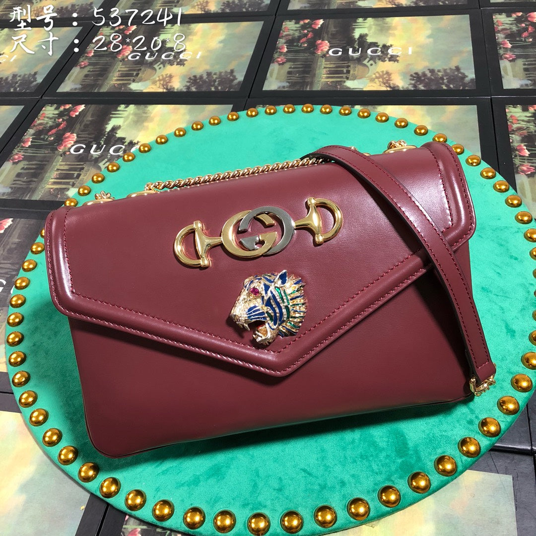 Gucci Rajah Medium Burgundy Leather Shoulder Bag with Tiger Head