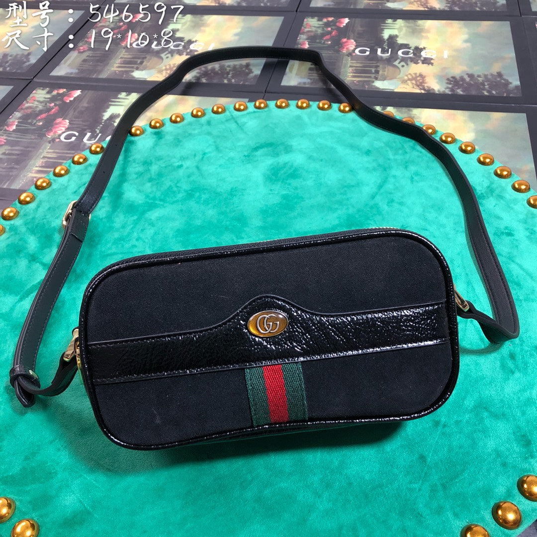 Gucci Ophidia Small Shoulder Bag in Black Suede and Patent Leather