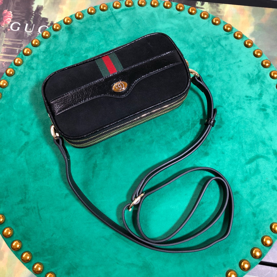 Gucci Ophidia Small Shoulder Bag in Black Suede and Patent Leather