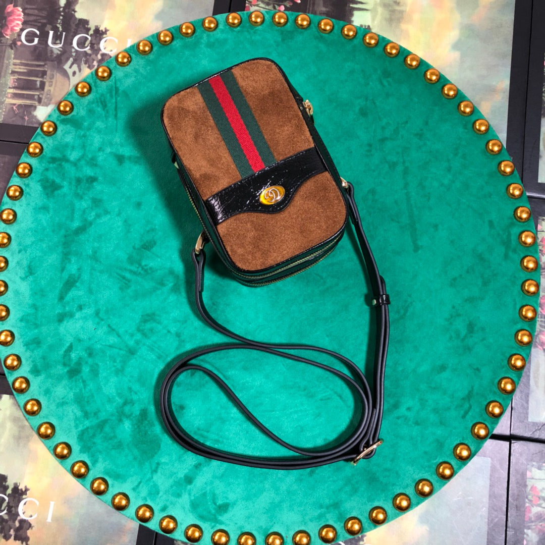 Luxury Brown Suede Mini Crossbody Bag with Web Stripe and GG Detail