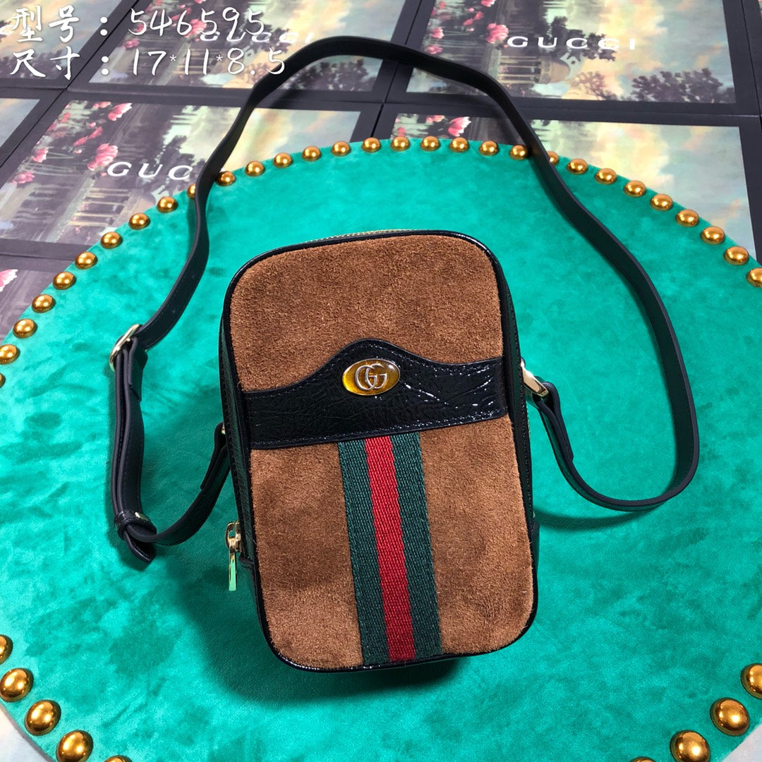 Luxury Brown Suede Mini Crossbody Bag with Web Stripe and GG Detail