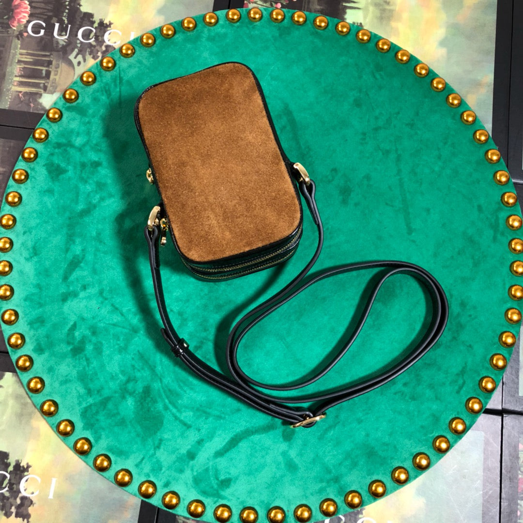 Luxury Brown Suede Mini Crossbody Bag with Web Stripe and GG Detail