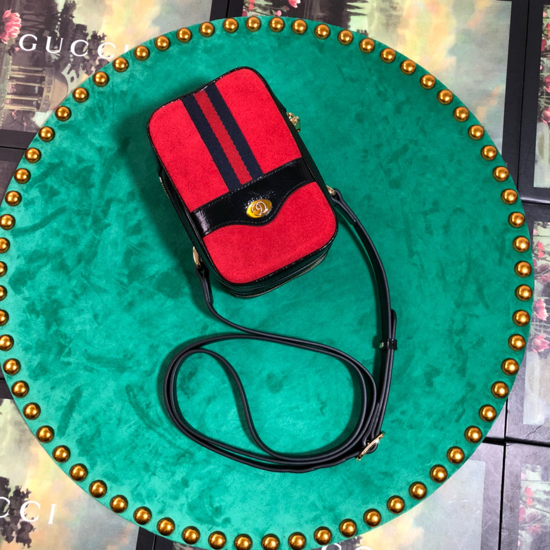 Red Suede and Black Leather Mini Shoulder Bag with Web Stripe and Logo