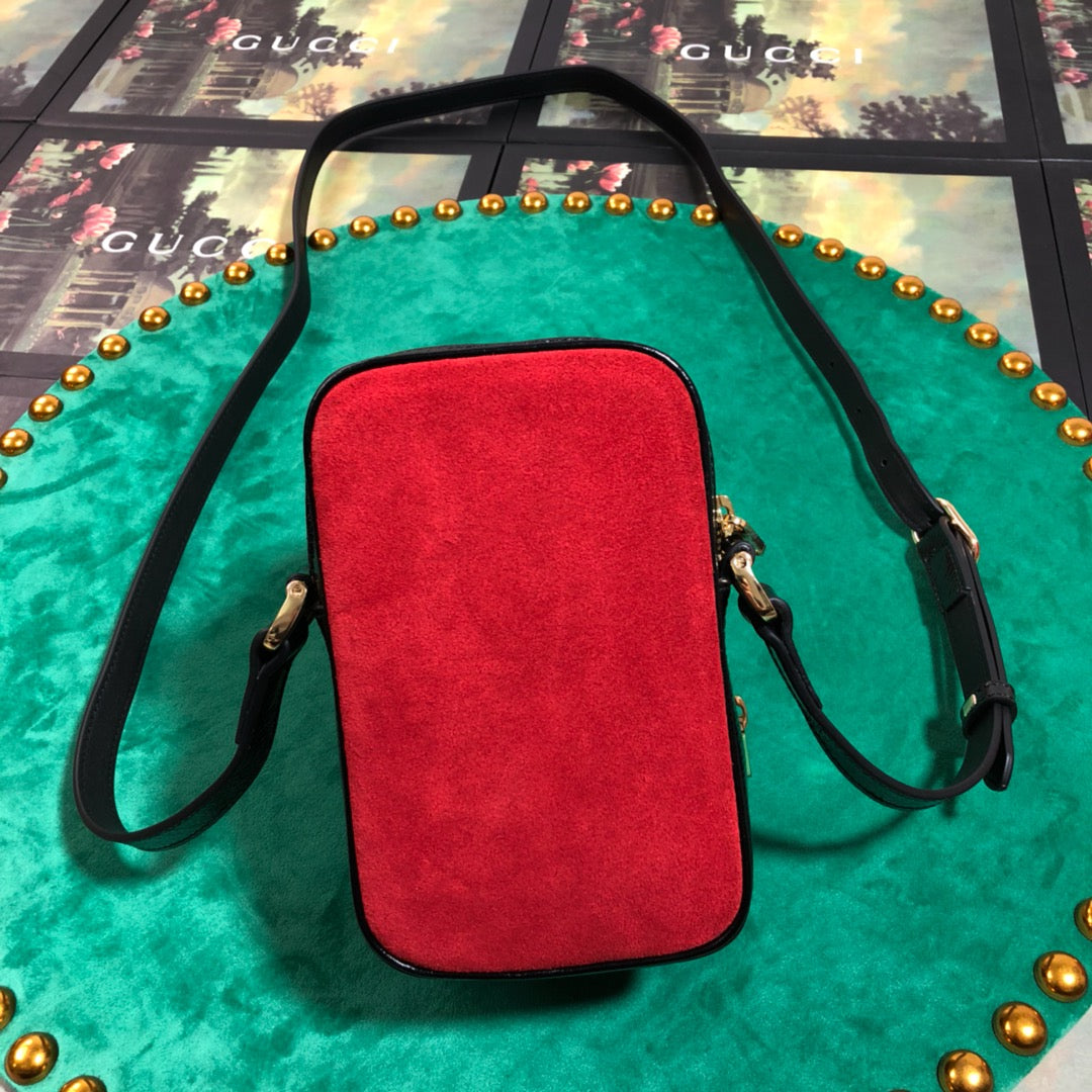 Red Suede and Black Leather Mini Shoulder Bag with Web Stripe and Logo