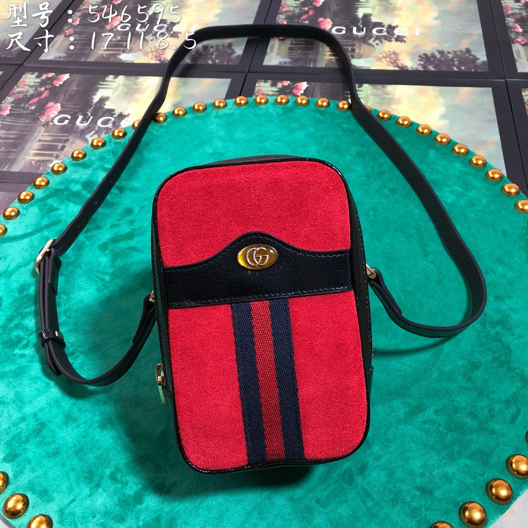 Red Suede and Black Leather Mini Shoulder Bag with Web Stripe and Logo