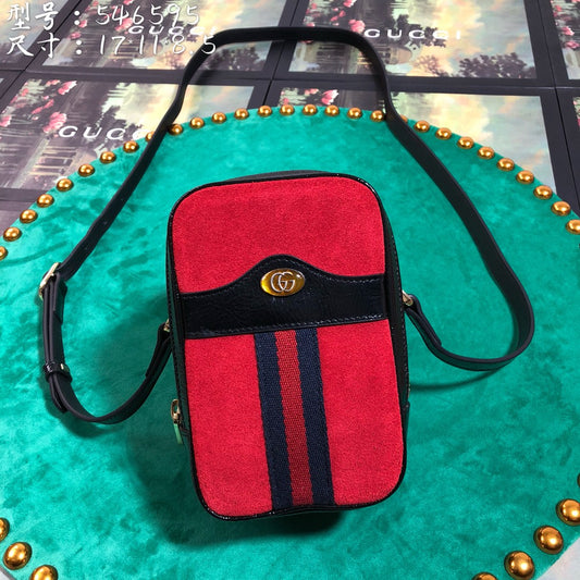Red Suede and Black Leather Mini Shoulder Bag with Web Stripe and Logo