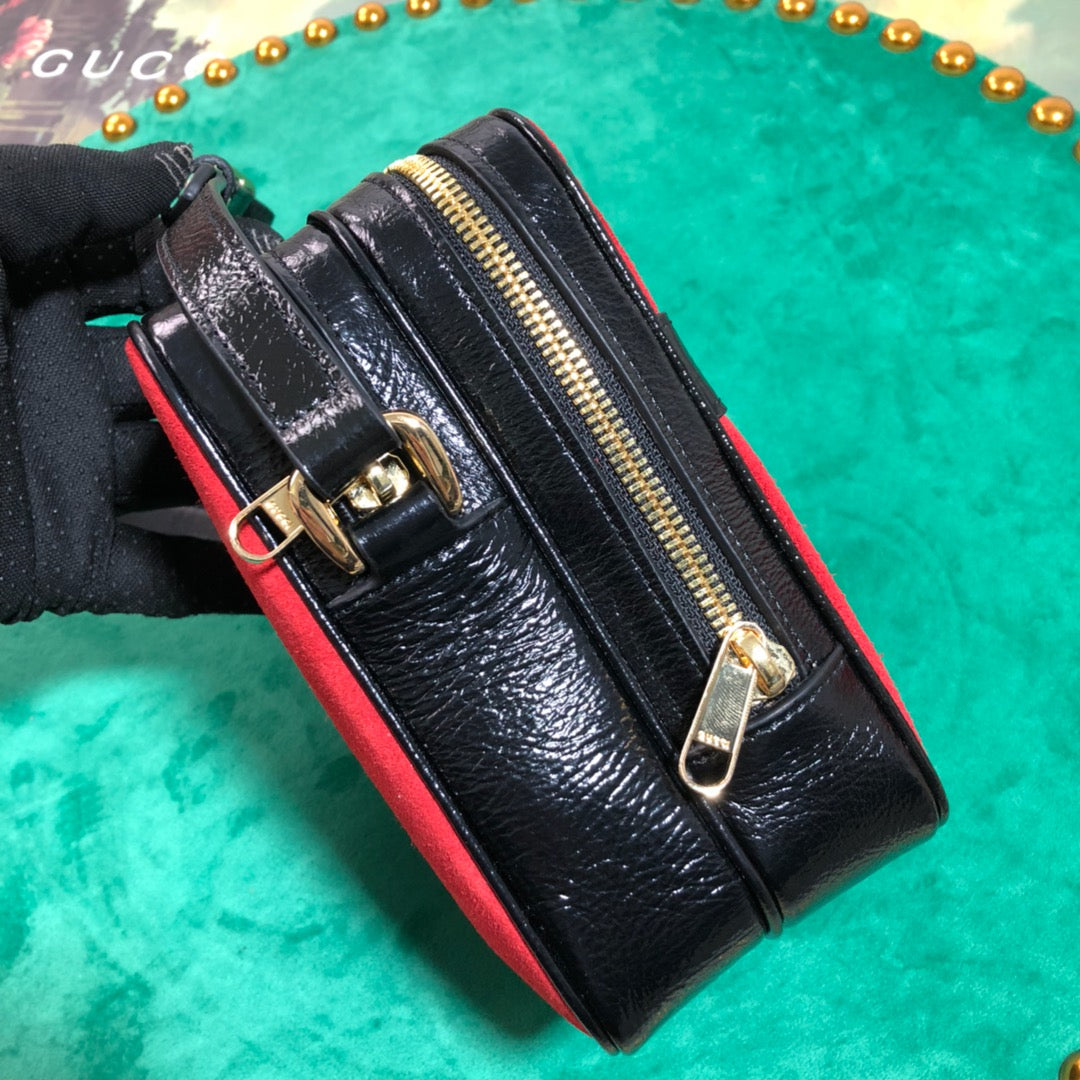 Red Suede and Black Leather Mini Shoulder Bag with Web Stripe and Logo