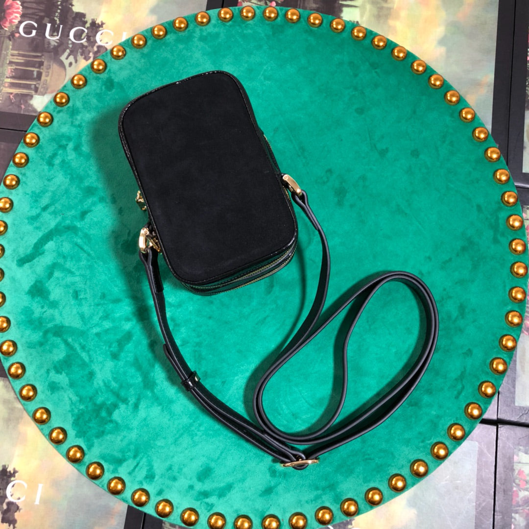 Gucci Retro Black Suede Crossbody Phone Bag with Red and Green Stripe