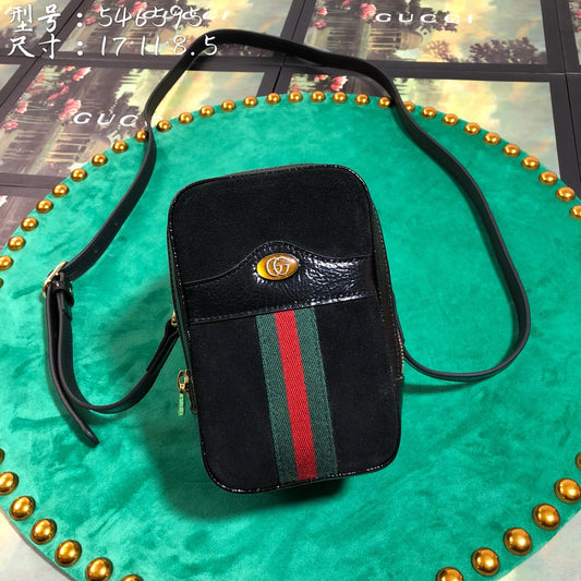Small Black Suede Crossbody Bag with Web Stripe and Gold Logo Emblem