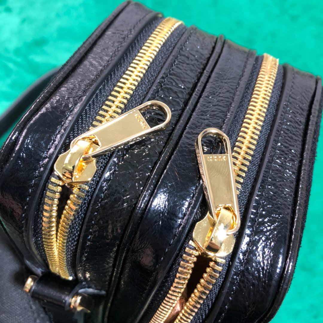 Small Black Suede Crossbody Bag with Web Stripe and Gold Logo Emblem
