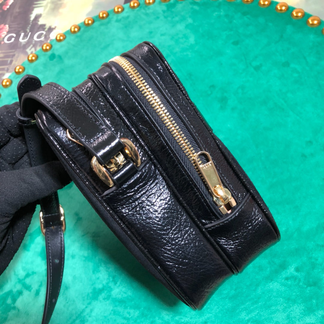 Small Black Suede Crossbody Bag with Web Stripe and Gold Logo Emblem