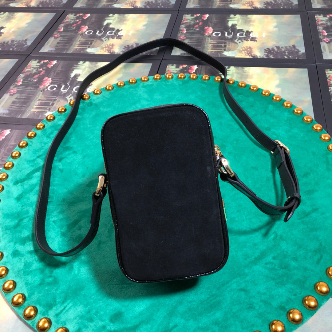 Small Black Suede Crossbody Bag with Web Stripe and Gold Logo Emblem