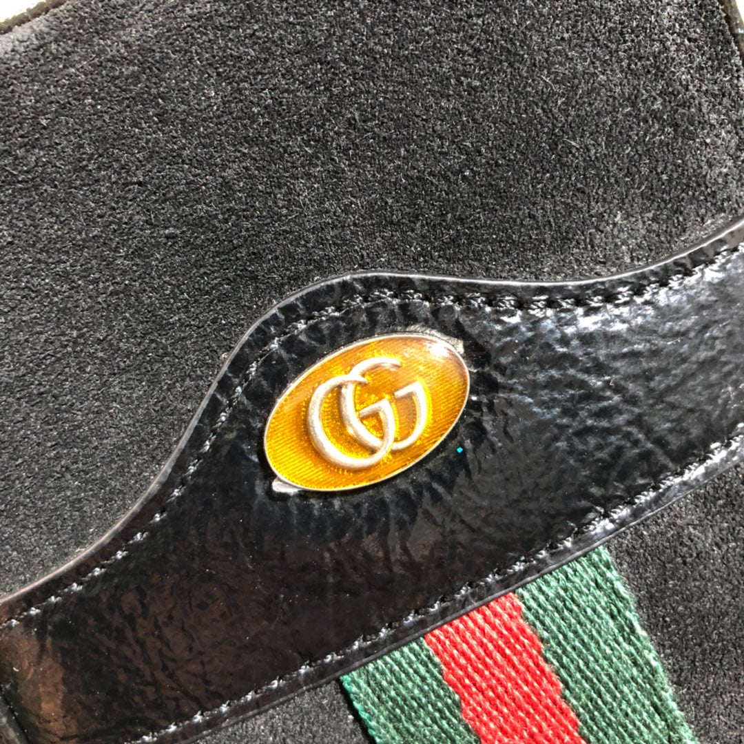 Small Black Suede Crossbody Bag with Web Stripe and Gold Logo Emblem