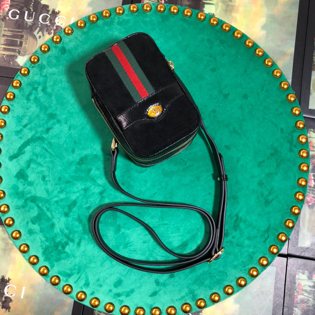 Small Black Suede Crossbody Bag with Web Stripe and Gold Logo Emblem