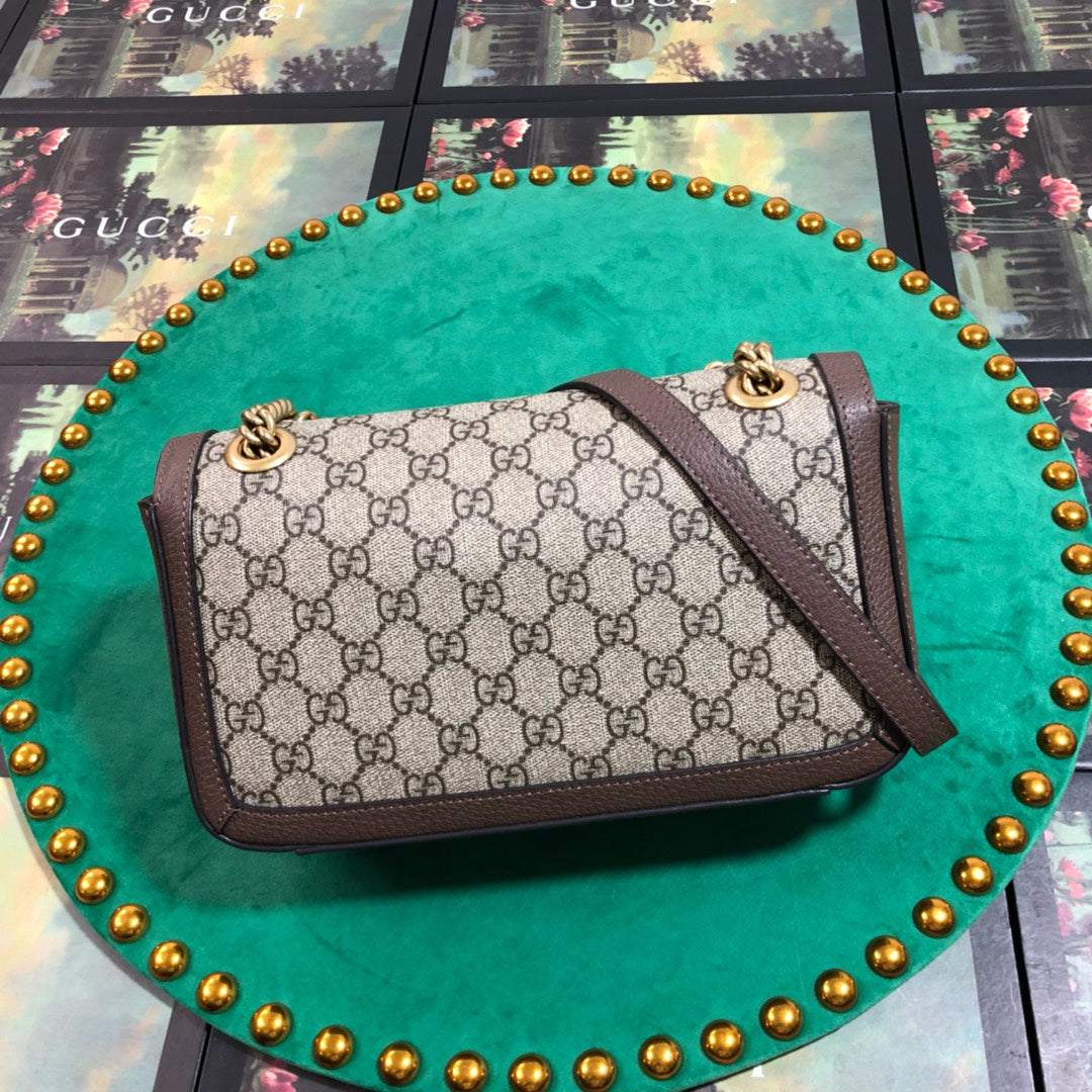 Gucci GG Marmont Small GG Supreme Shoulder Bag with Brown Leather Trim