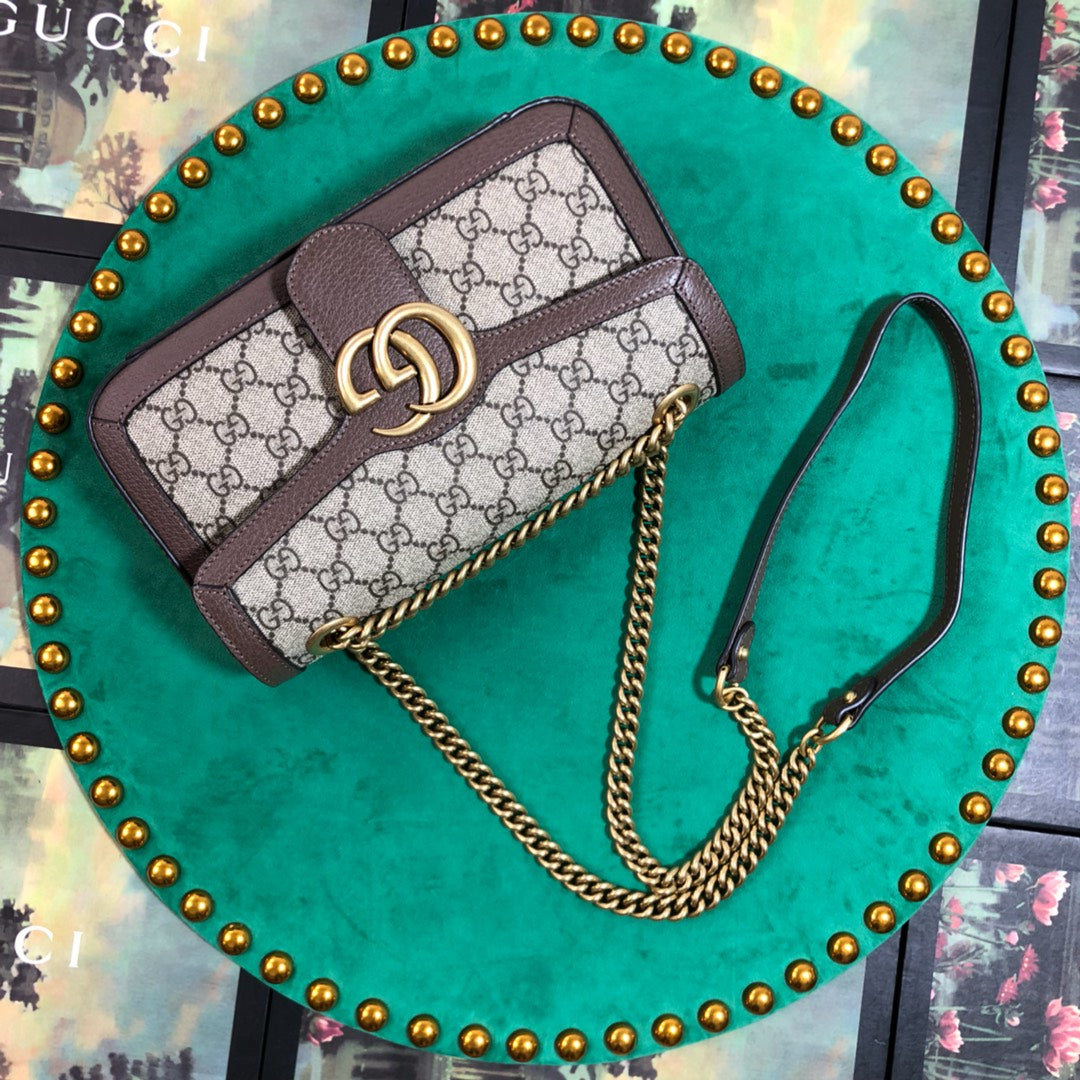 Gucci GG Marmont Small GG Supreme Shoulder Bag with Brown Leather Trim