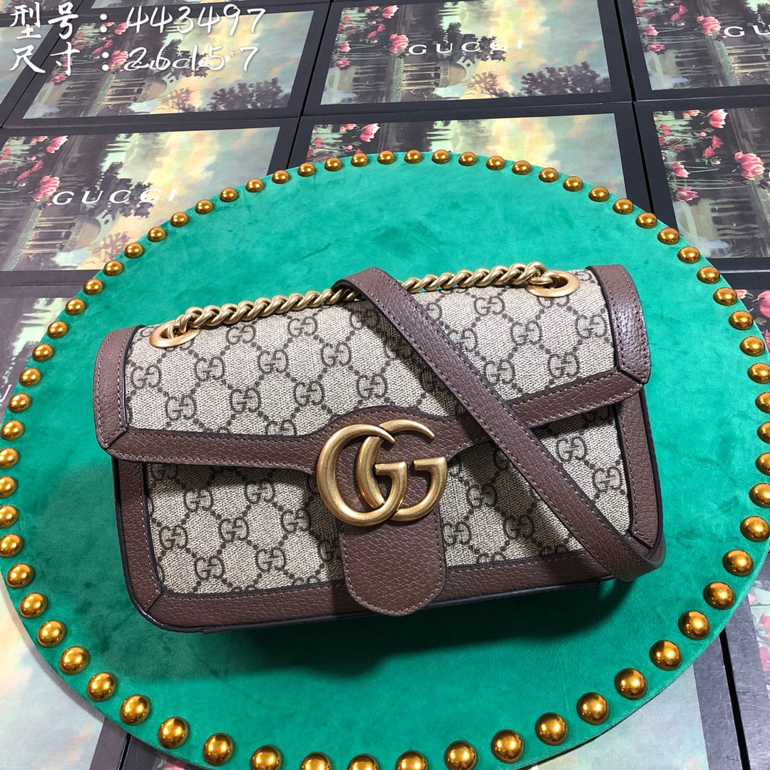 Gucci GG Marmont Small GG Supreme Shoulder Bag with Brown Leather Trim