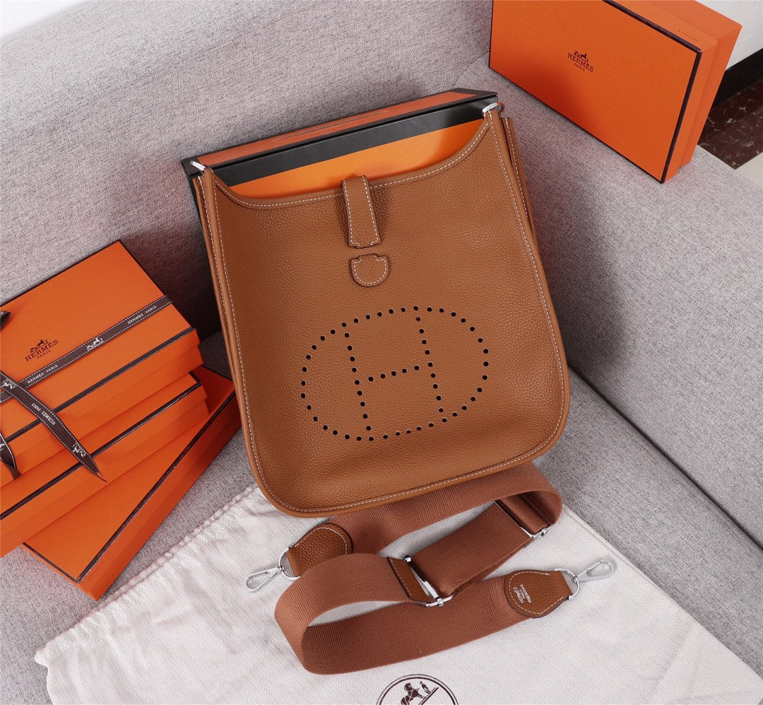 Luxury Brown Leather Messenger Bag - Classic Crossbody with Perforated H Logo