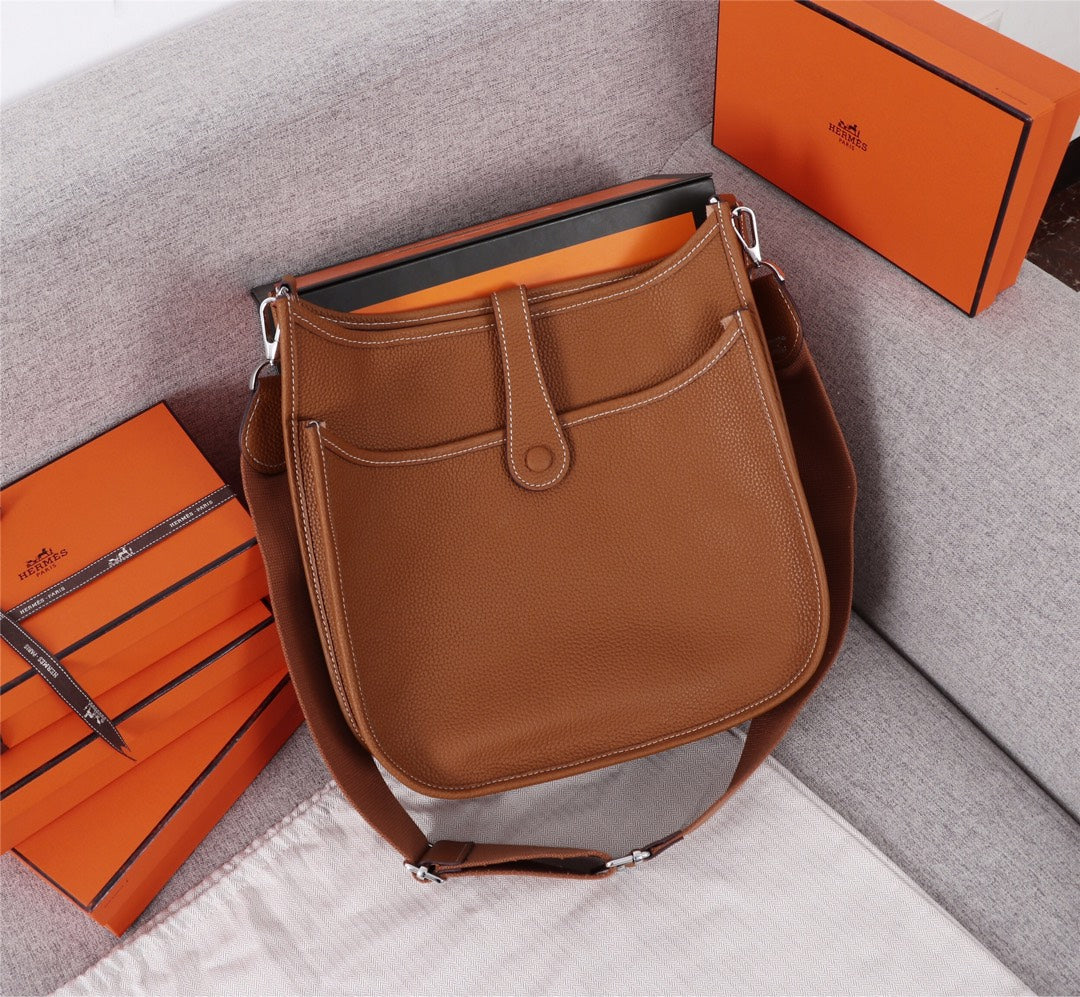 Luxury Brown Leather Messenger Bag - Classic Crossbody with Perforated H Logo