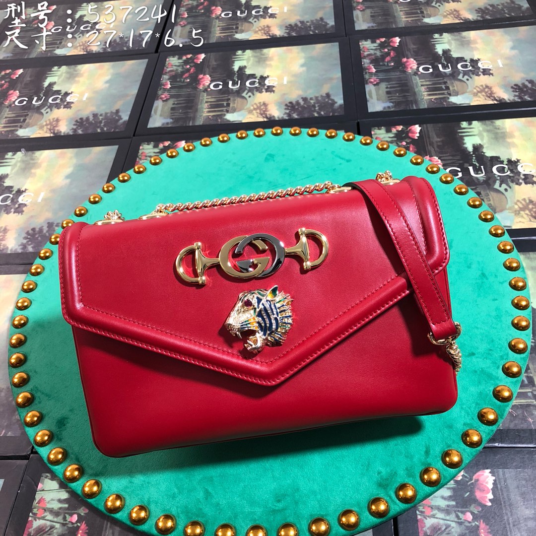 Red Leather Rajah Style Shoulder Bag with Tiger Head and Horsebit Detail