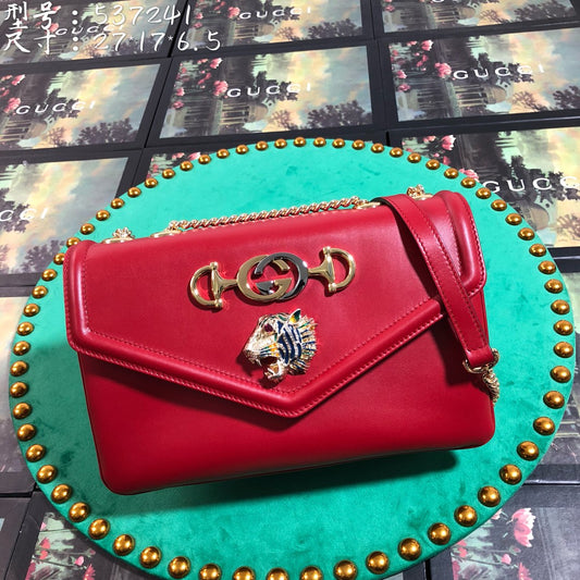 Red Leather Rajah Style Shoulder Bag with Tiger Head and Horsebit Detail