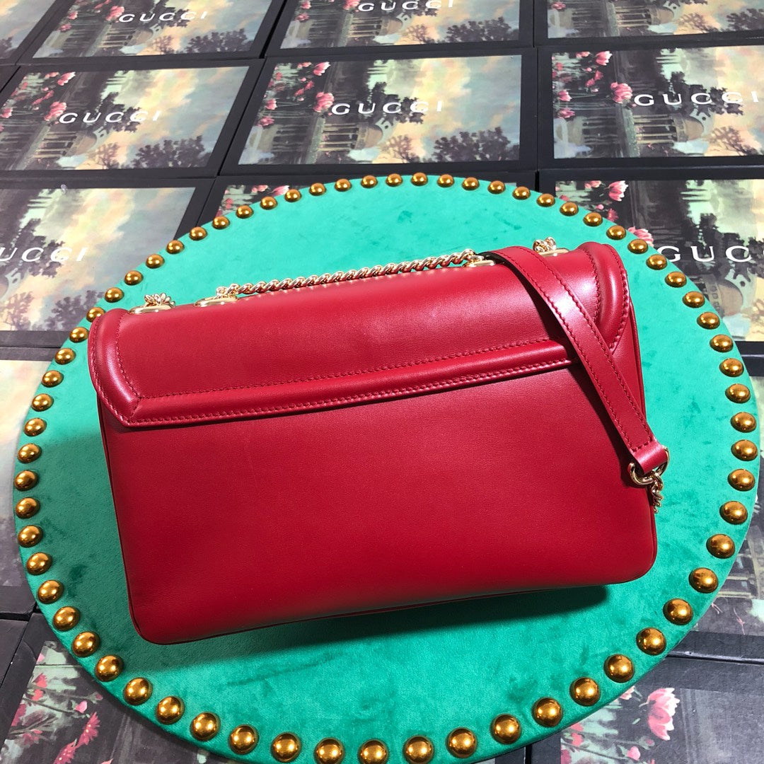 Red Leather Rajah Style Shoulder Bag with Tiger Head and Horsebit Detail